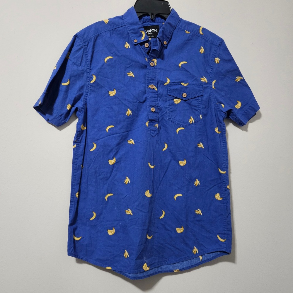 Carbon Mens Blue Banana Print Popover Shirt Short Sleeve Cotton Small